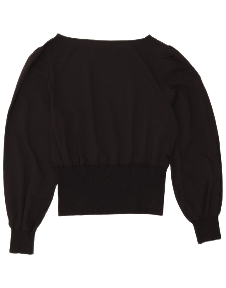 Top corto in camicetta a pipistrello da donna vintage UK 12 medio nero