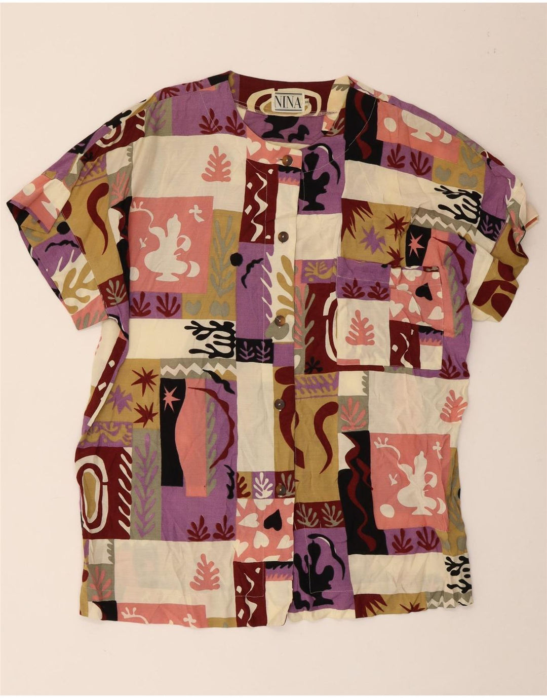 Camicia a maniche corte da donna Nina Camicetta UK 18 XL Patchwork multicolore