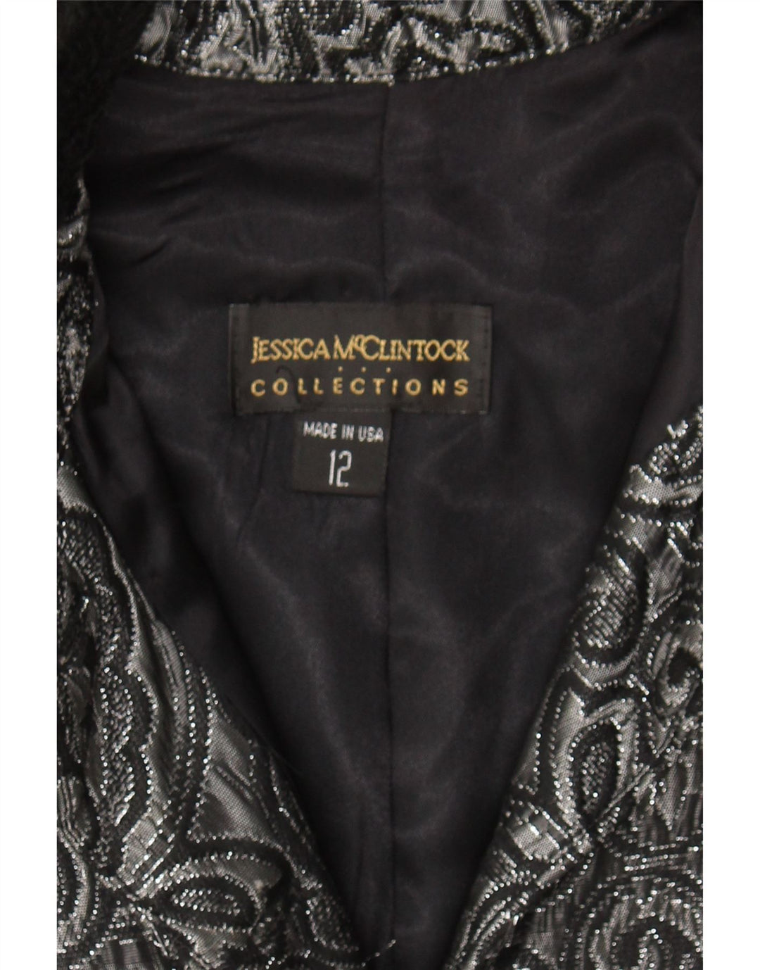 JESSICA MCCLINTOCK Womens 5 Button Blazer Jacket US 12 Large Grey Paisley Vintage Jessica McClintock and Second-Hand Jessica McClintock from Messina Hembry 