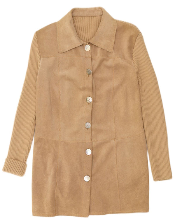 Maglione cardigan in pelle scamosciata vintage da donna UK 14 grande lana merino beige