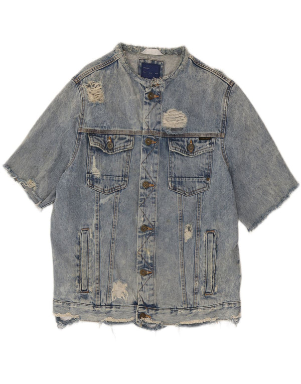 Giacca in denim a maniche corte invecchiata da uomo Zara UK 42 XL cotone blu