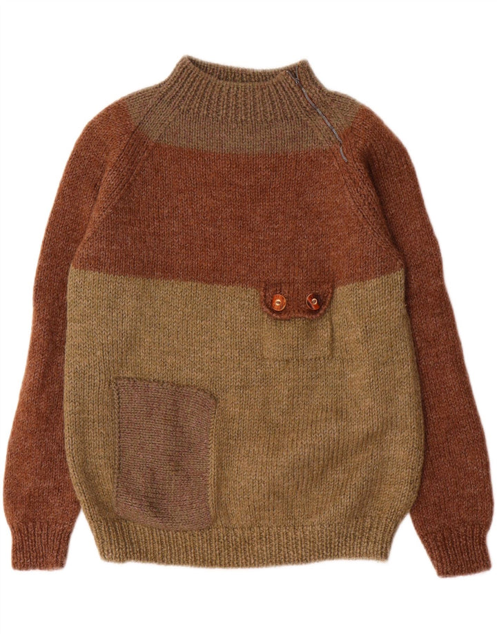 Maglione vintage da donna con collo dolcevita UK 12 Blocco colore marrone medio