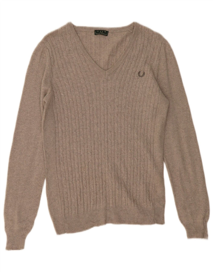 FRED PERRY Maglione da donna con scollo a V UK 12 Lana grigio medio
