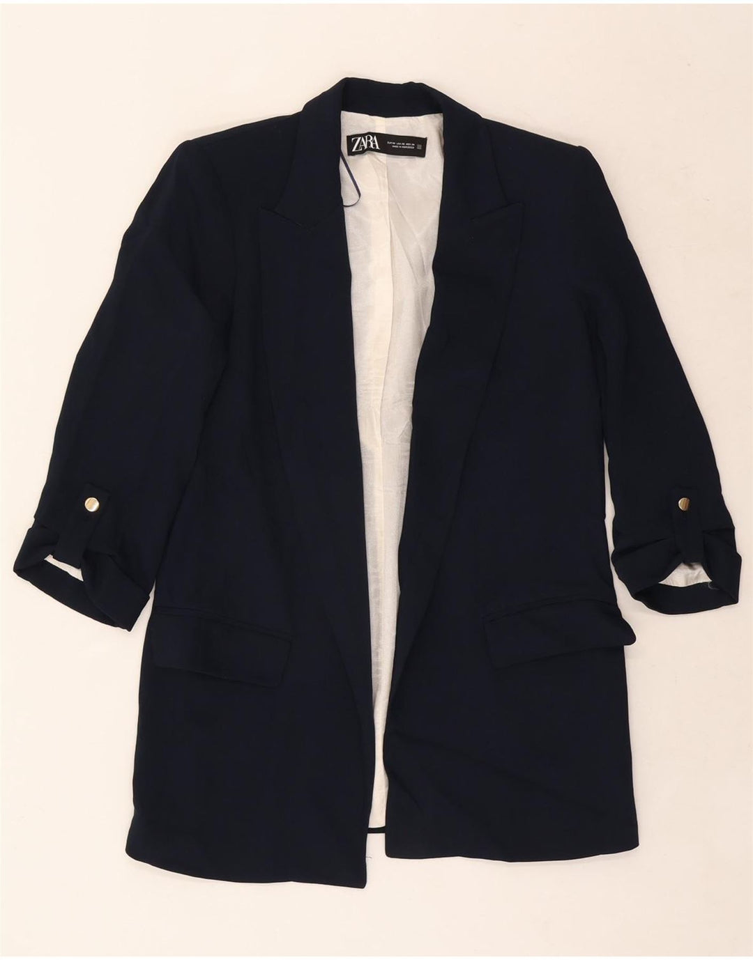 Giacca blazer aperta da donna con maniche a 3/4 Zara UK 6 XS poliestere blu navy