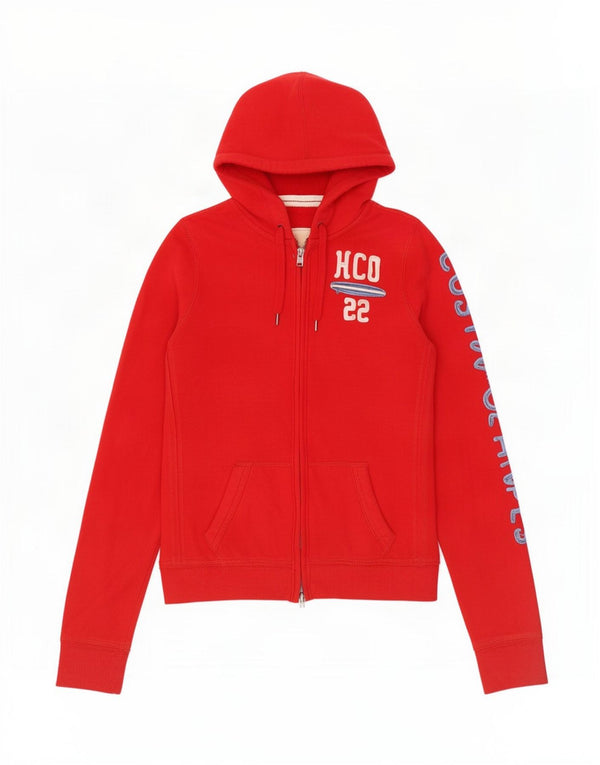 Felpa con cappuccio e zip grafica Hollister da donna UK 12 Medio Rosso Cotone