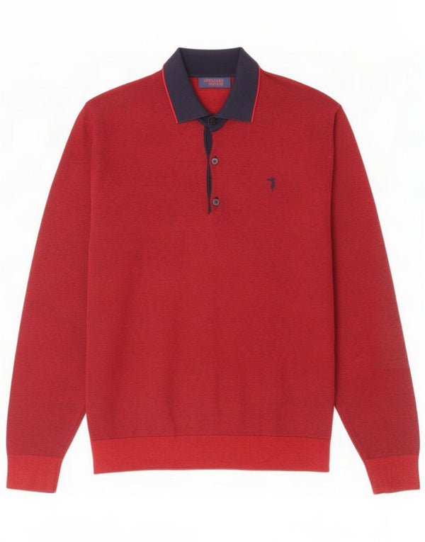 Trussardi Jeans Mens Polo Neck Jumper Sweater Medium Red Colourblock Cotton
