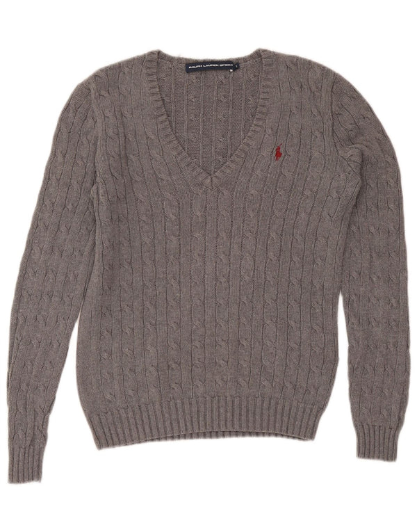 Maglione maglione con scollo a V da donna Ralph Lauren UK 10 piccolo cotone grigio
