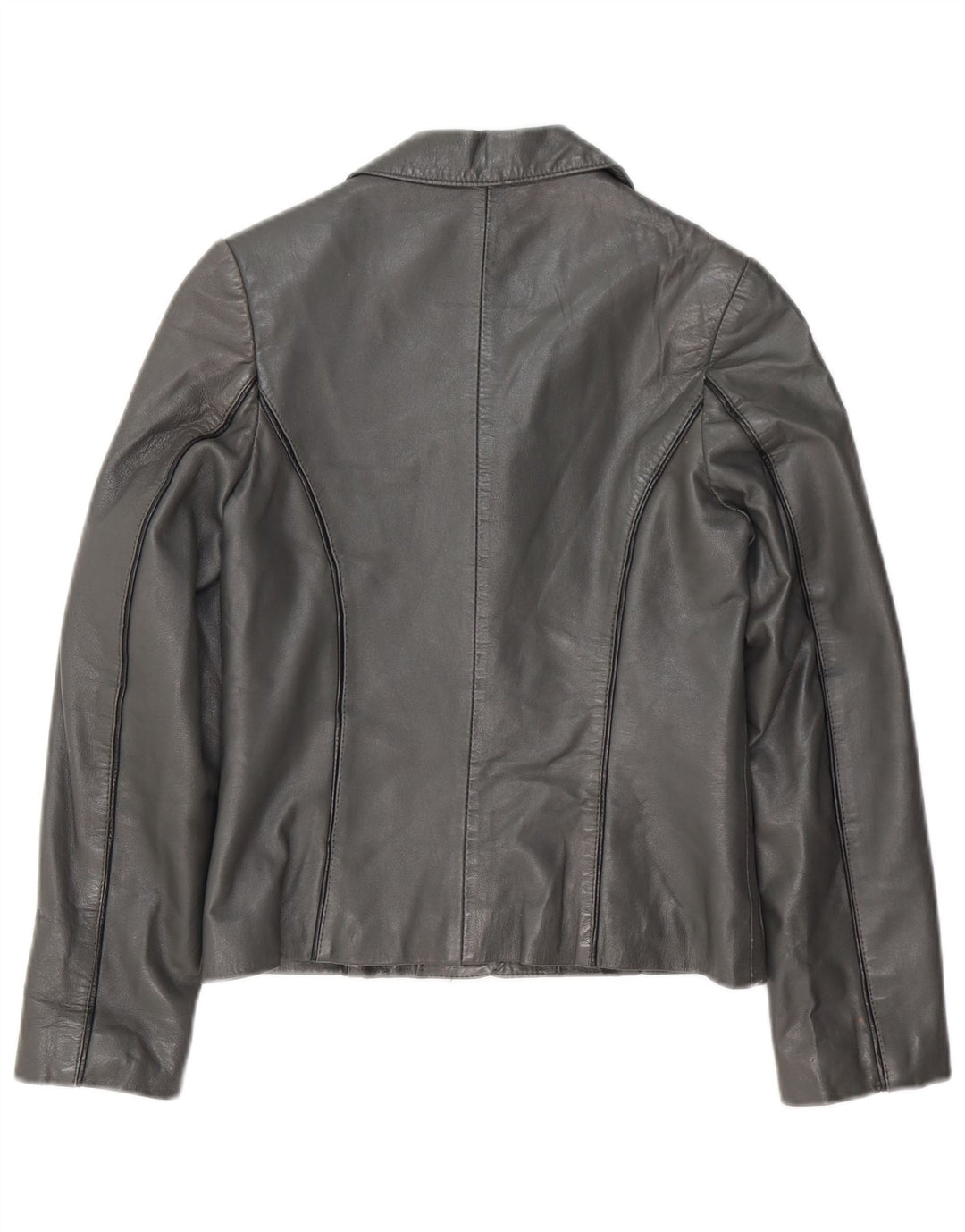 Giacca blazer in pelle vintage corta da donna a 3 bottoni UK 8 piccola pelle grigia