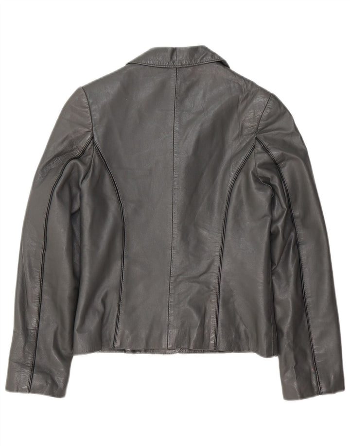 Giacca blazer in pelle vintage corta da donna a 3 bottoni UK 8 piccola pelle grigia