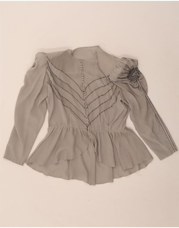 Camicetta vintage da donna a maniche lunghe UK 16 grande grigio floreale