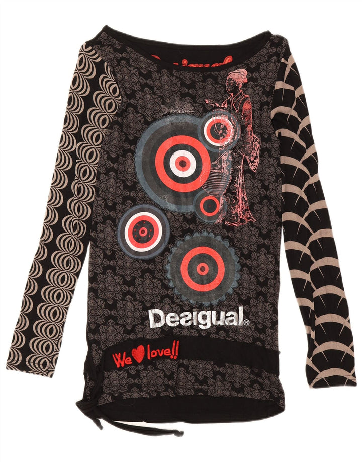 Desigual Womens Graphic Top manica lunga UK 12 medio nero viscosa