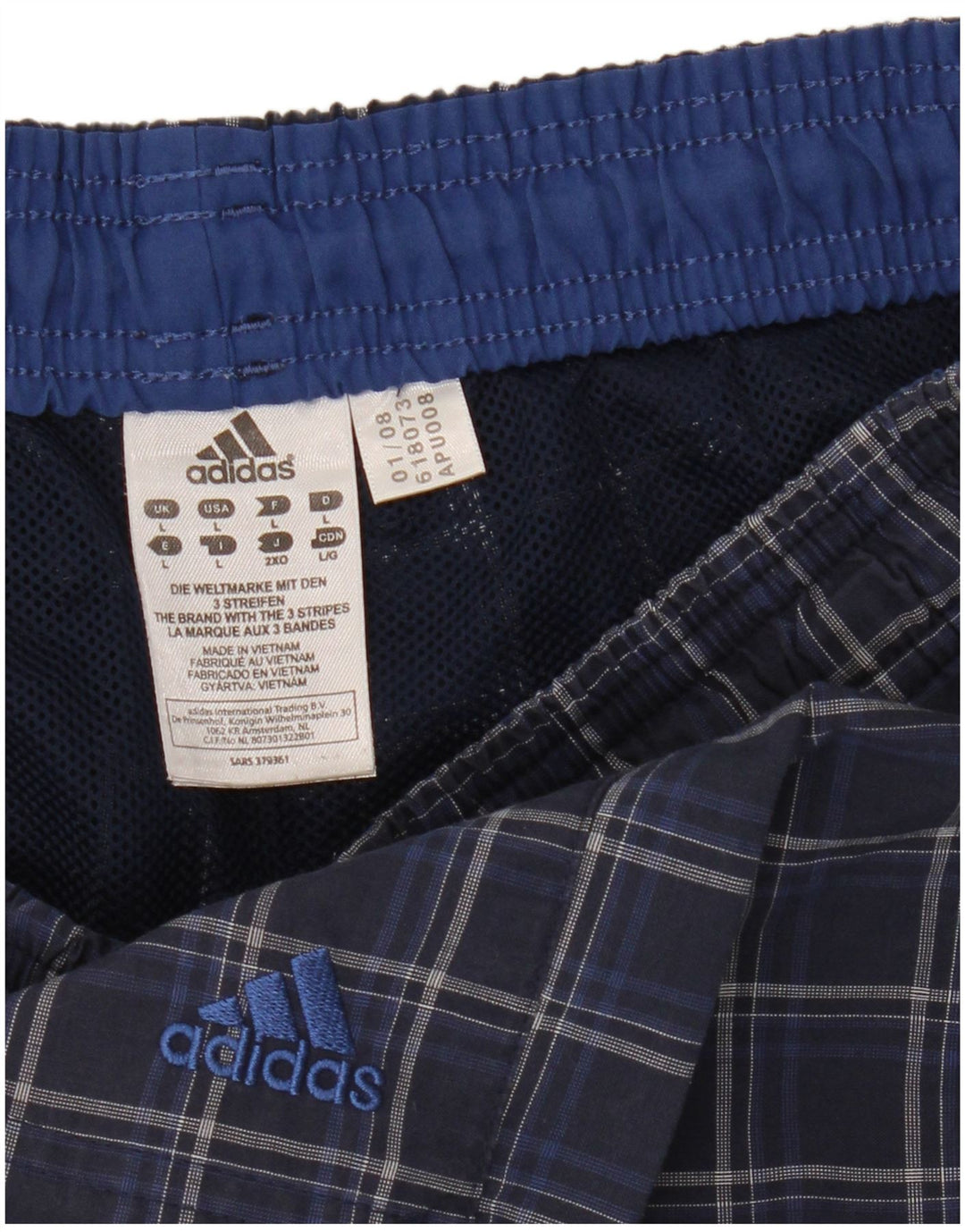 Pantaloncini da bagno Adidas da uomo grandi in poliestere a quadri blu