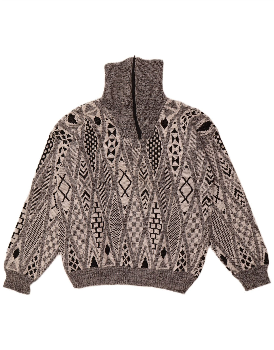 Maglione vintage da uomo con zip sul collo, grande acrilico geometrico grigio