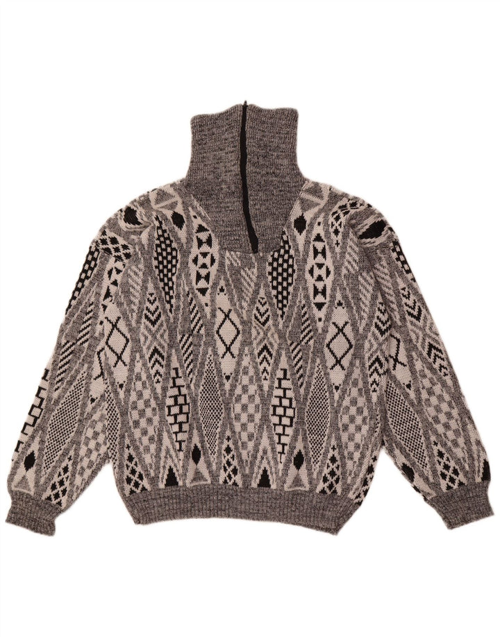 Maglione vintage da uomo con zip sul collo, grande acrilico geometrico grigio