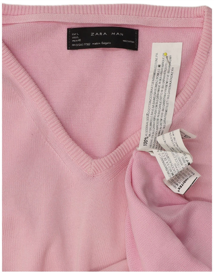 Maglione Zara da uomo con scollo a V grande in cotone rosa