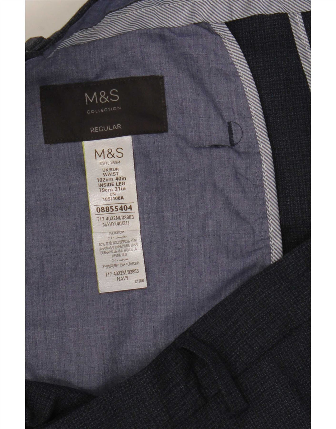 Pantaloni da abito regolari dritti Marks & Spencer da uomo W40 L31 Blu Navy