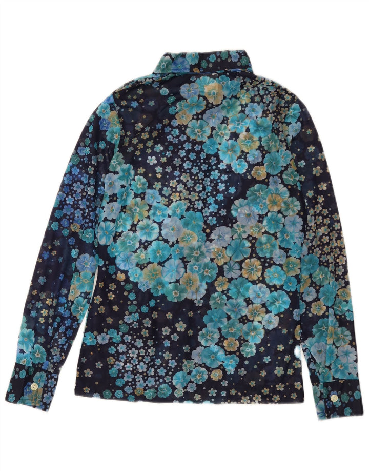 Camicetta da donna VINTAGE UK 10 piccola poliammide floreale blu navy
