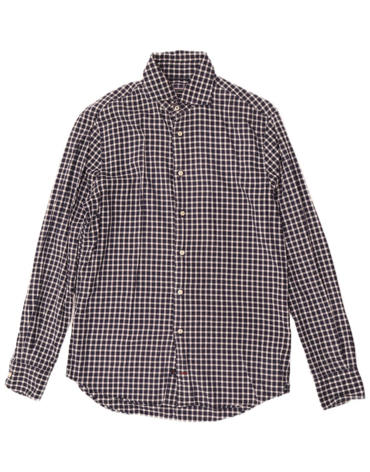 Camicia aderente da uomo Tommy Hilfiger taglia 38 15 cotone a quadretti blu navy medio