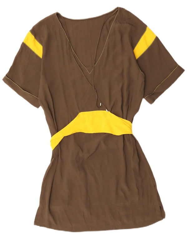 Abito tunica vintage da donna a maniche corte UK 16 Large Brown Colourblock