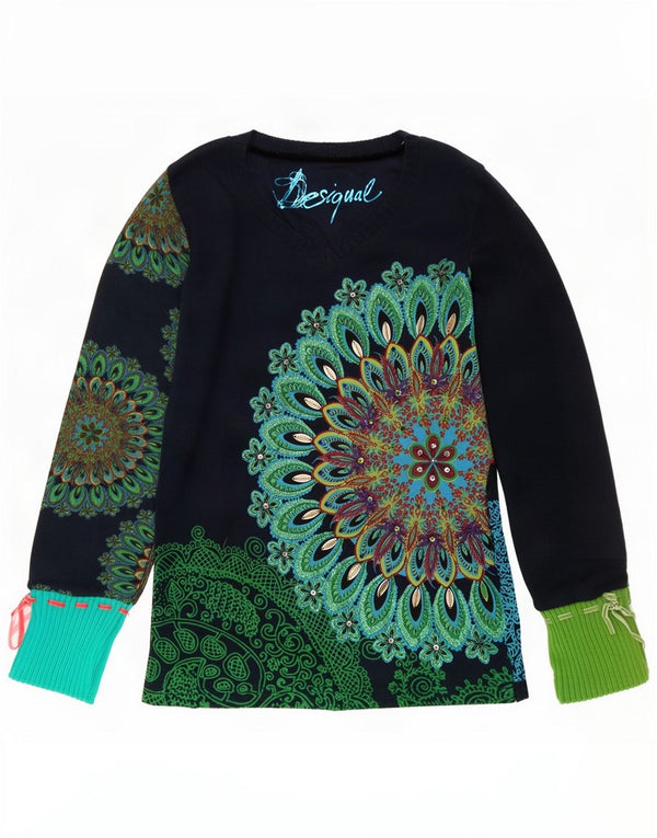 Desigual Donna Graphic Top Manica Lunga UK 12 Medio Blu Navy Paisley