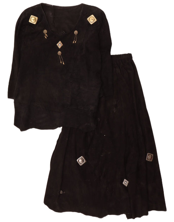 Set gonna 2 pezzi vintage in pelle scamosciata con maniche a 3/4 da donna UK 12 medio W28 nero