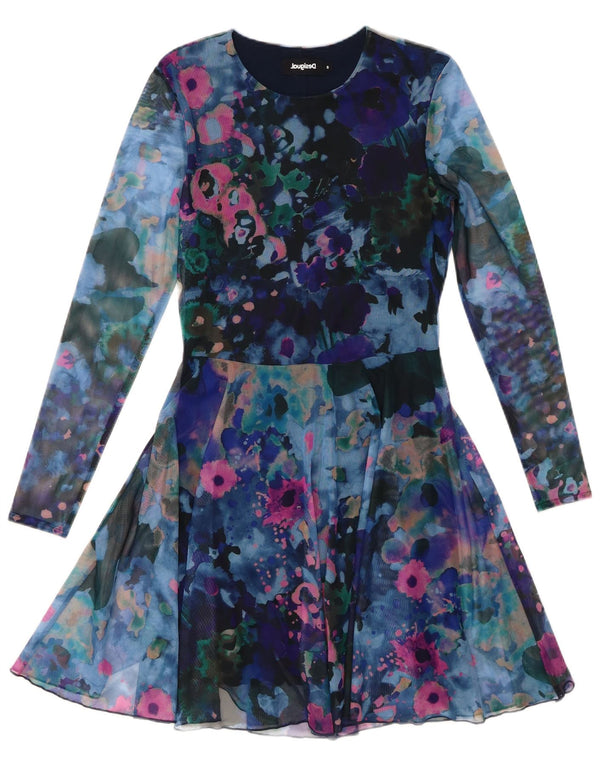 DESIGUAL Womens Abstract Pattern Long Sleeve A-Line Dress UK 10 Small Blue