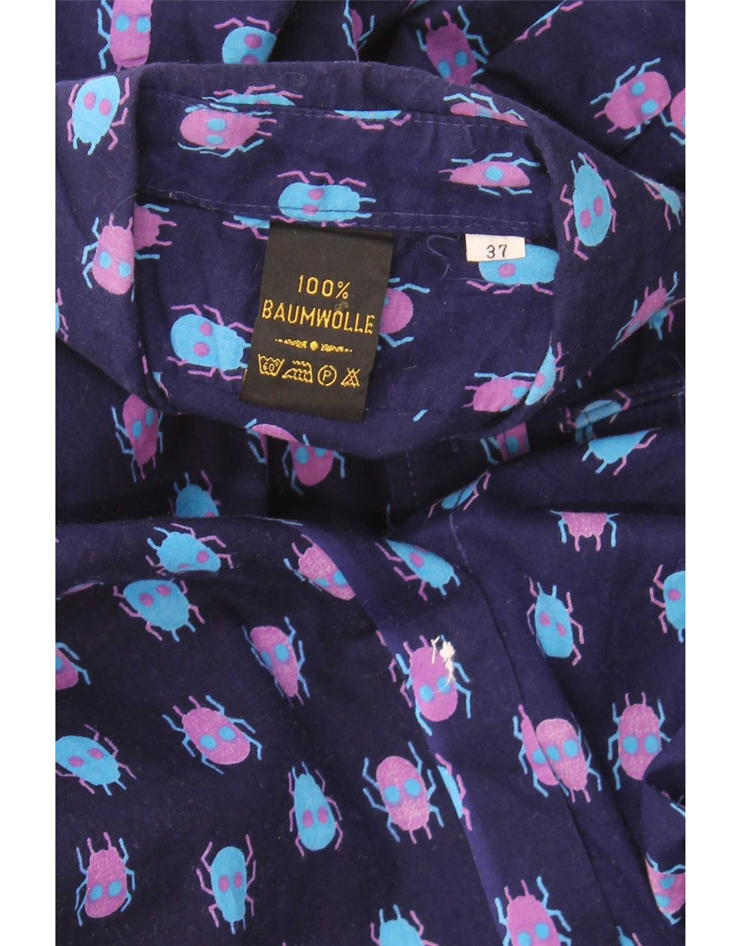 Camicia vintage da uomo con motivo astratto taglia 37 piccola in cotone blu navy