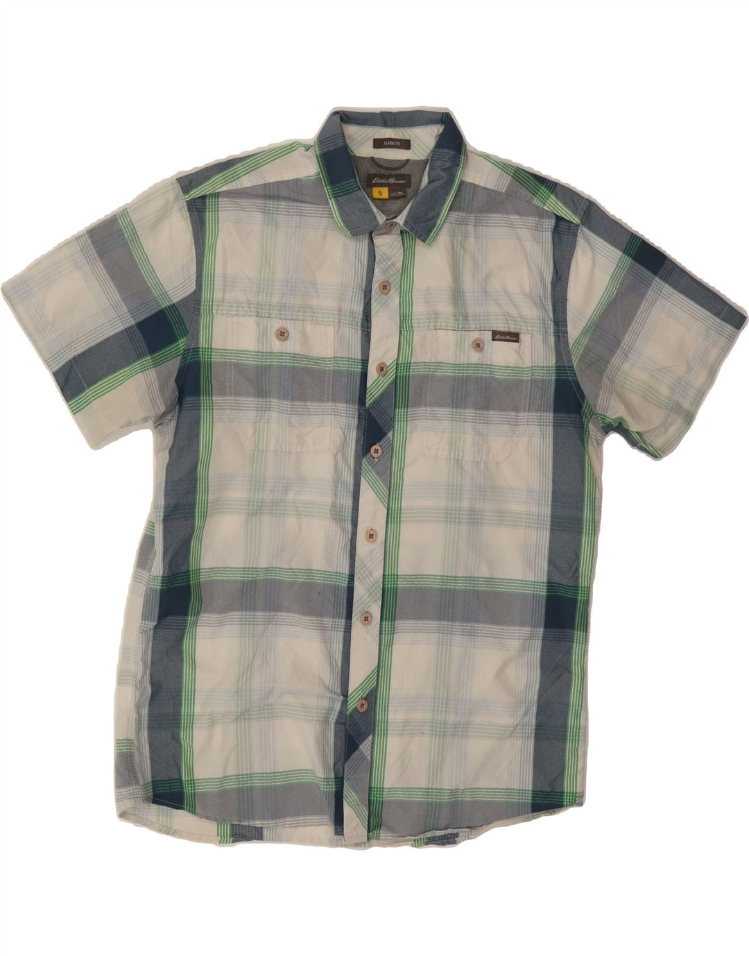 EDDIE BAUER Mens Classic Fit Short Sleeve Shirt Medium Blue Check Nylon Vintage Eddie Bauer and Second-Hand Eddie Bauer from Messina Hembry 