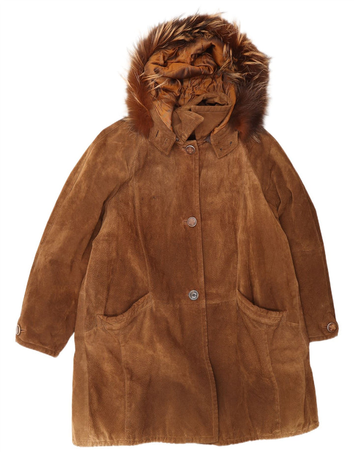 Cappotto vintage da donna oversize in pelle scamosciata con cappuccio IT 46 grande marrone
