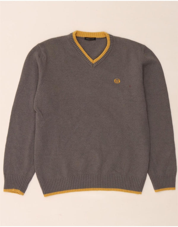 Maglione da uomo con scollo a V Sergio Tacchini, lana a righe grigie grandi