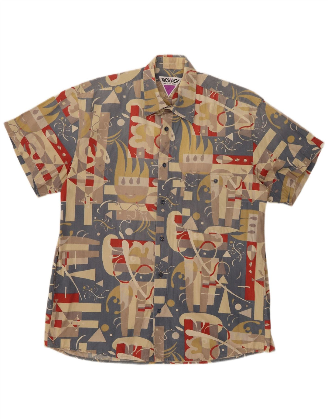 Camicia a maniche corte vintage da uomo con motivo astratto piccolo multicolore