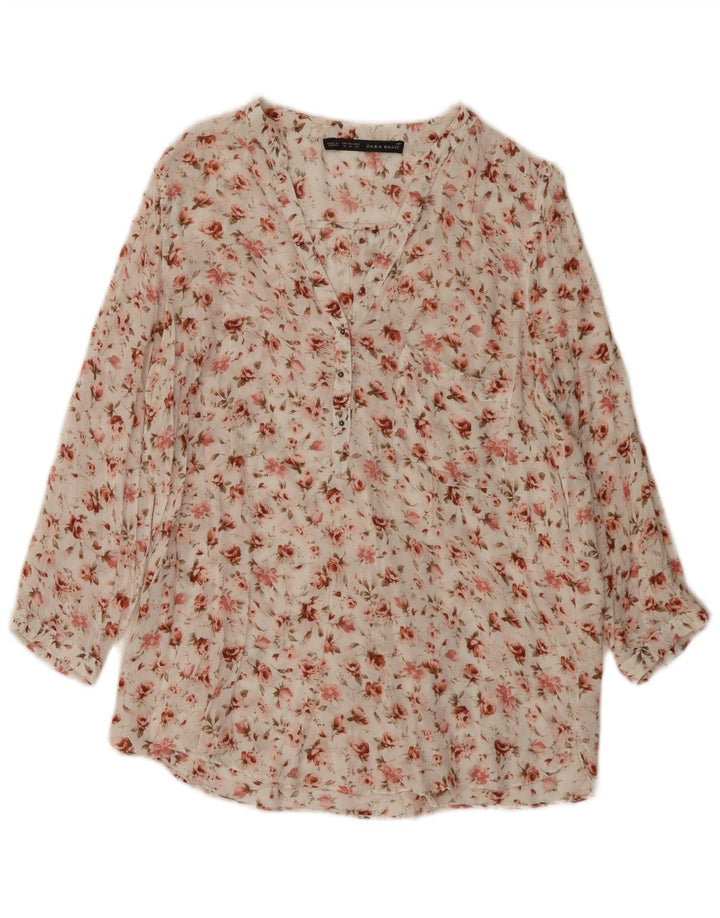 Top Zara da donna con maniche a 3/4, taglia UK 14, colore bianco medio floreale