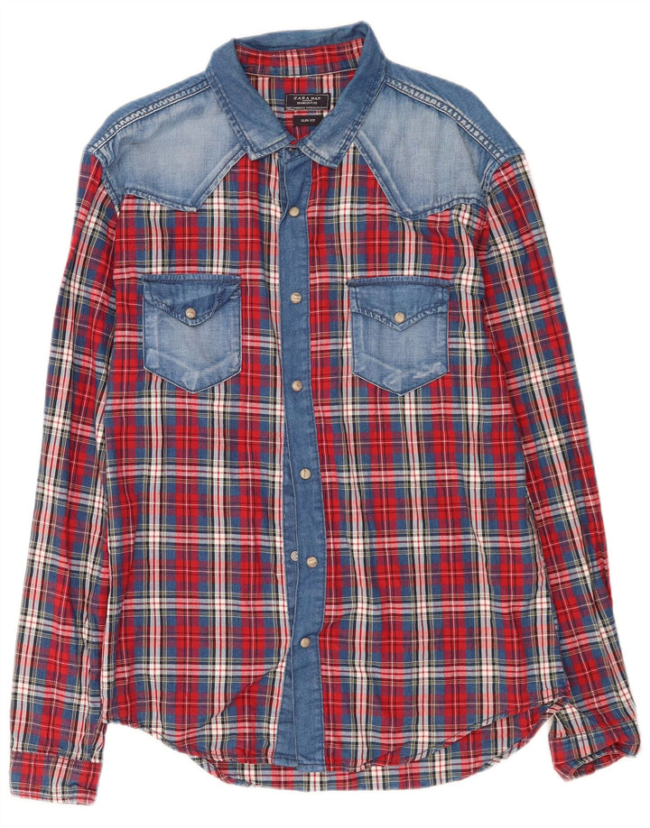 Camicia Zara da uomo western slim fit XL in cotone a quadri rossi
