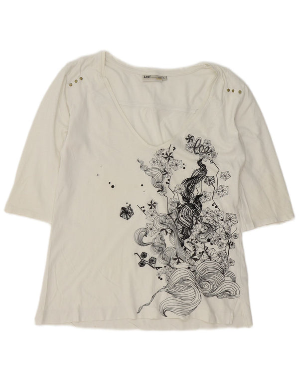 Lee Top da donna manica 3/4 UK 16 grande cotone bianco