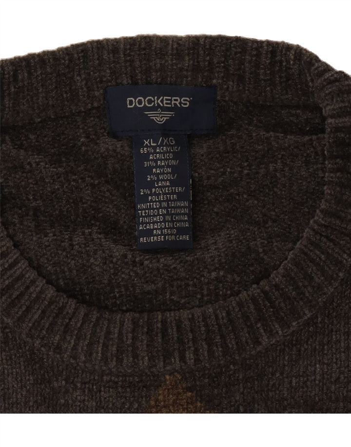 DOCKERS Mens Crew Neck Jumper Sweater XL Grey Argyle/Diamond Acrylic Vintage Dockers and Second-Hand Dockers from Messina Hembry 
