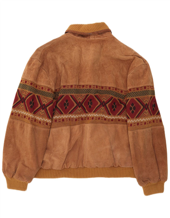 Giubbotto bomber vintage in pelle scamosciata da uomo UK 42 XL Marrone geometrico