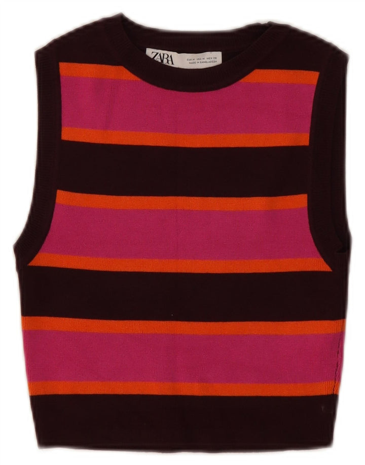Canotta corta da donna Zara UK 12 Viscosa a righe multicolore media