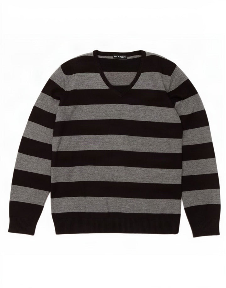 Maglione da uomo Marks & Spencer con scollo a V, acrilico a righe grandi grigie