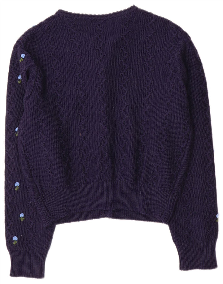 Maglione cardigan corto da donna vintage UK 12 medio blu navy floreale