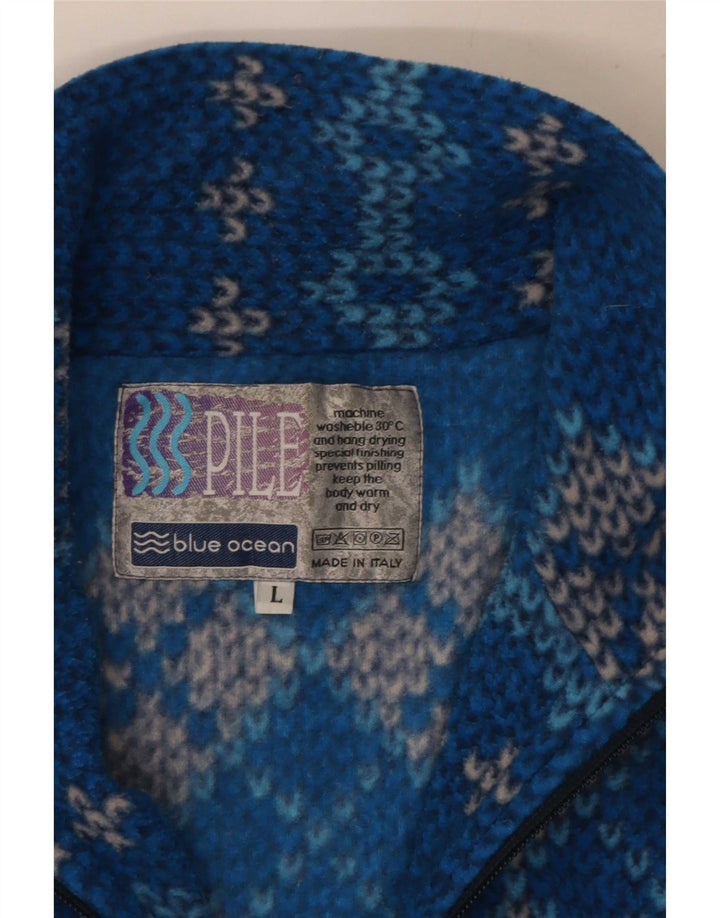 Maglione vintage da uomo con zip sul collo, grande blu geometrico