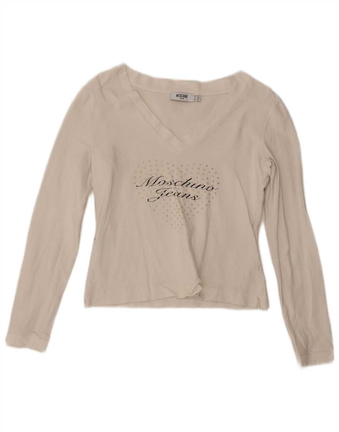 Top grafico corto da donna Moschino manica lunga UK 14 cotone bianco medio