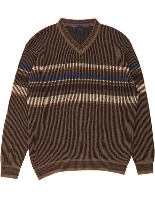 ENGBERS Maglione da uomo con scollo a V, cotone a righe grandi marroni