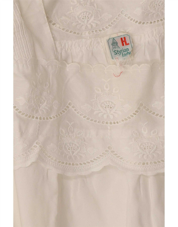 Top camicetta da donna vintage UK 16 grande motivo floreale bianco