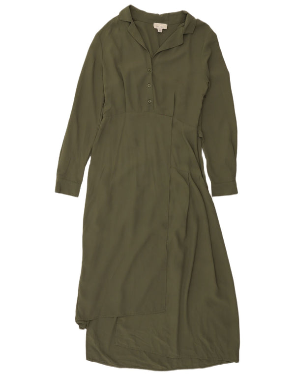 Topshop Abito lungo asimmetrico a maniche lunghe da donna UK 10 piccolo kaki