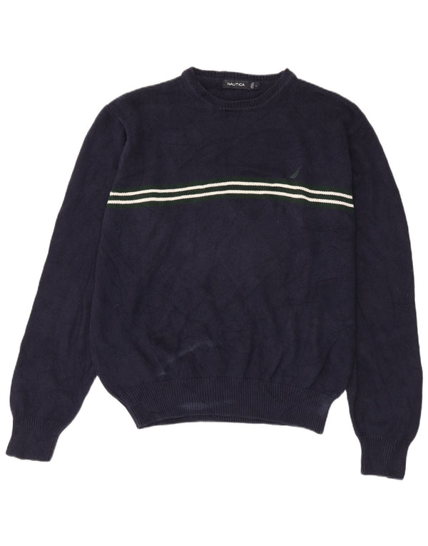 Nautica Mens Crew Neck Jumper Sweater Large Navy Blue Striped Cotton