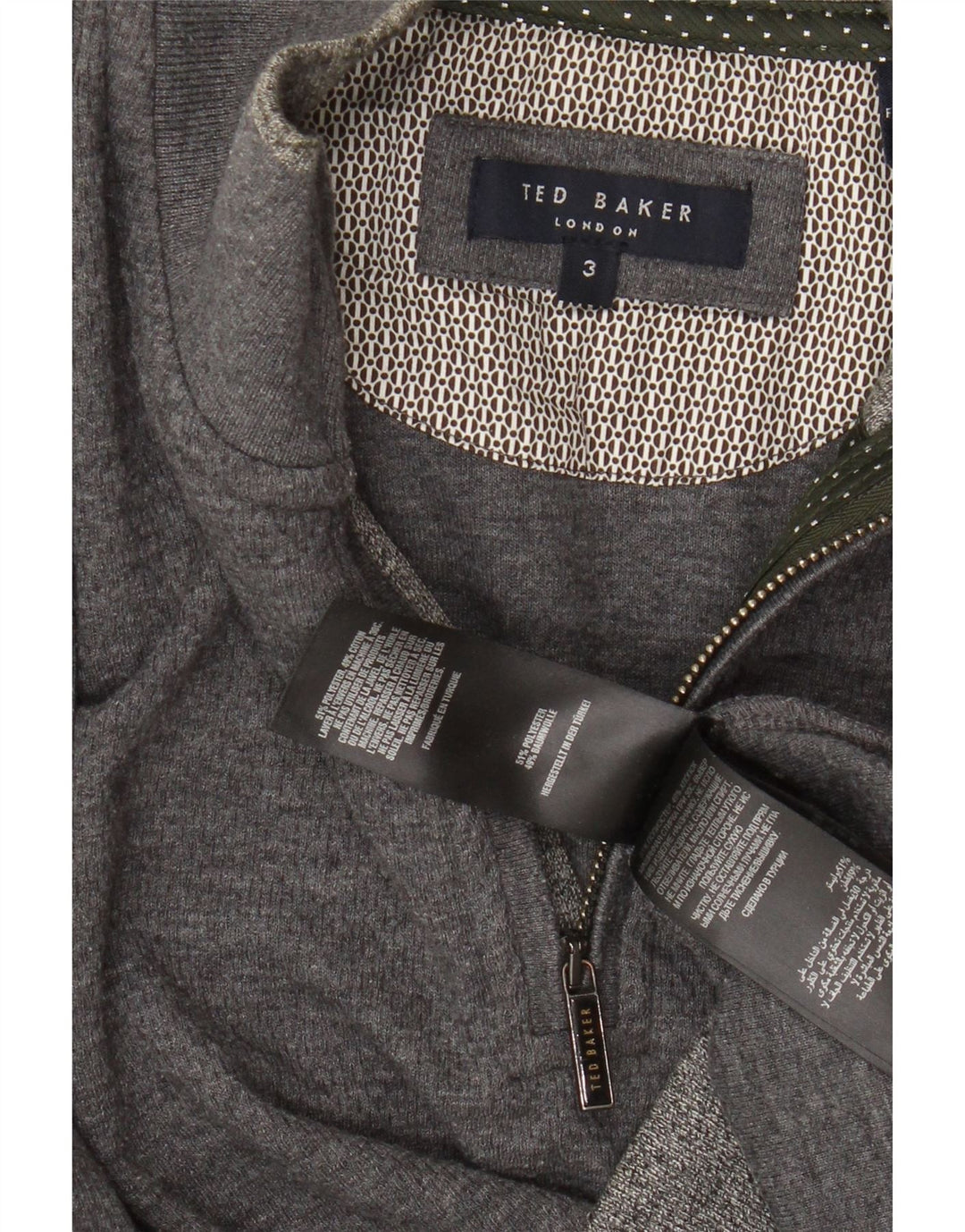 TED BAKER Felpa da uomo con collo con zip, maglione taglia 3, cotone grigio medio