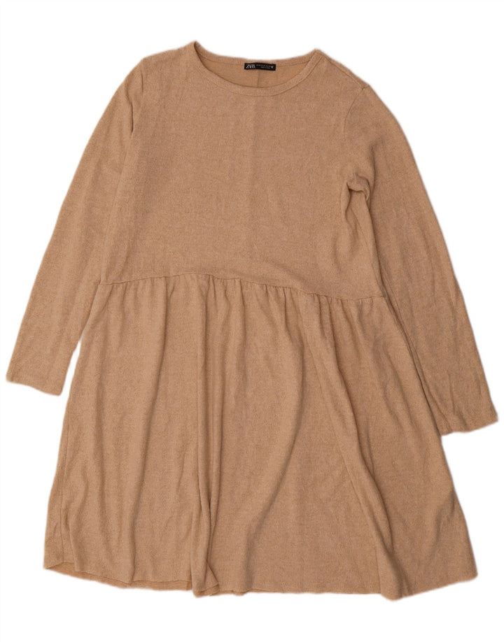 Abito maglione a maniche lunghe da donna Zara UK 14 Poliestere beige medio