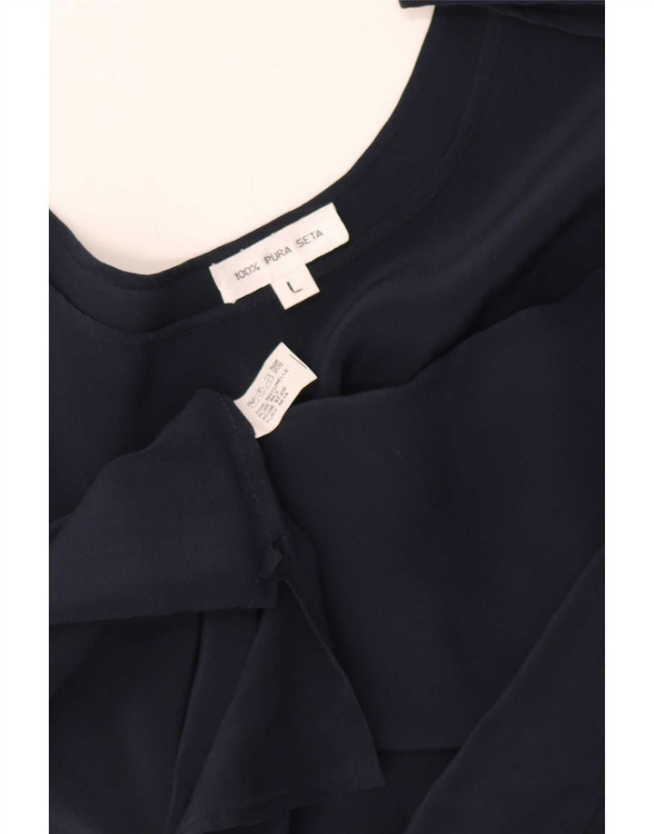 Top camicetta da donna vintage UK 16 grande seta blu navy