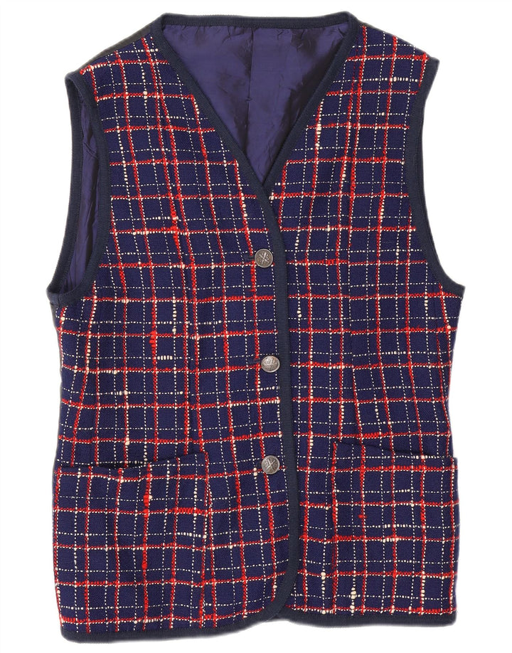 Gilet lungo da donna vintage UK 14 grande check blu navy