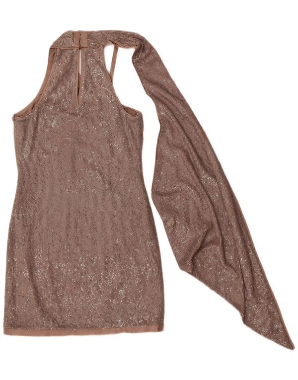 Karen Millen Abito aderente da donna con paillettes monospalla UK 10 Piccolo Beige